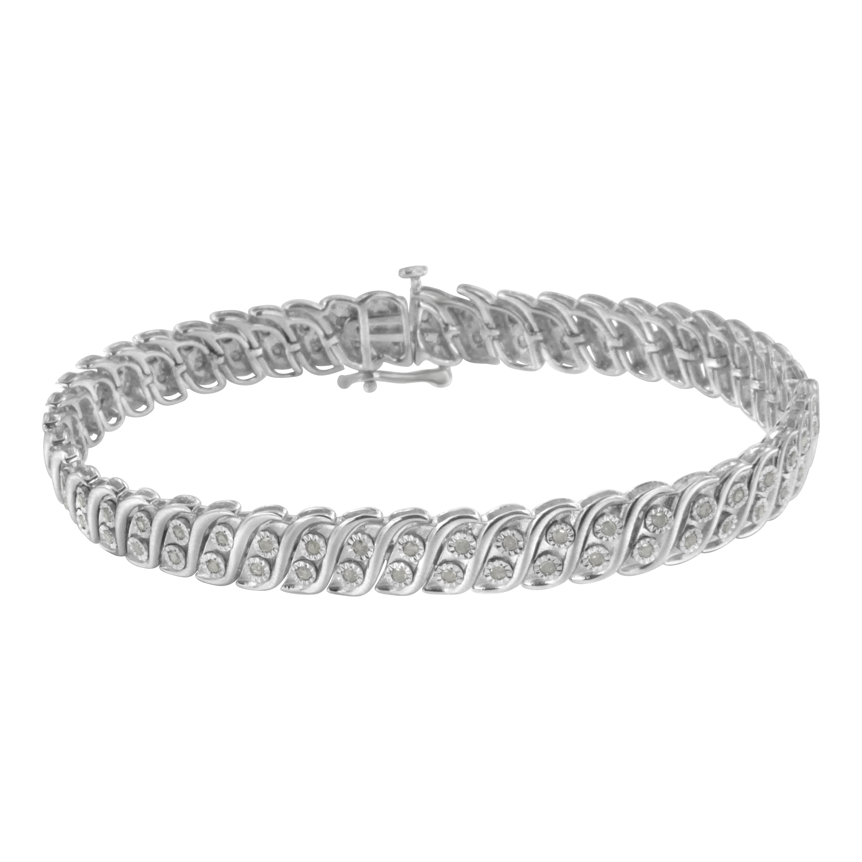 .925 Sterling Silver 1.0 Cttw Miracle Set Diamond Two Row S Link Bracelet(I-J